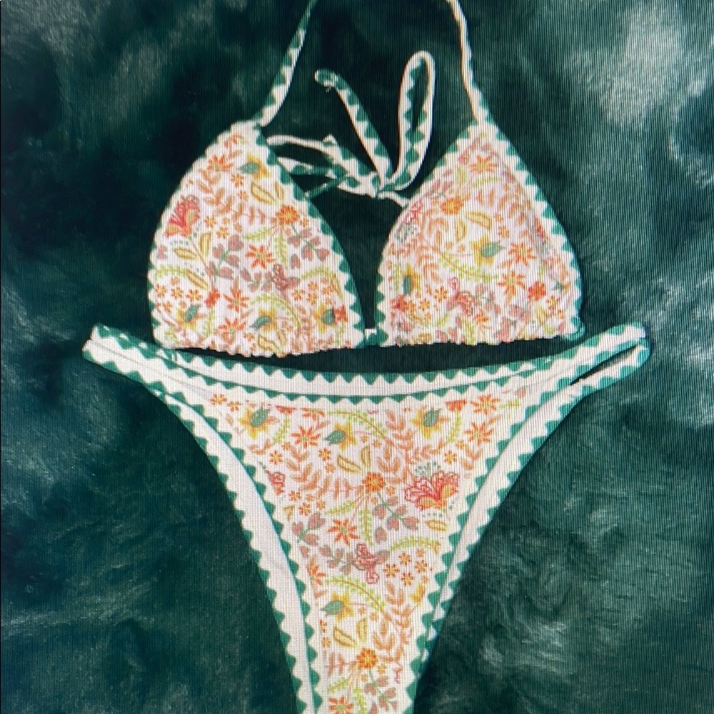 Floral Bikini Set with Green Trim